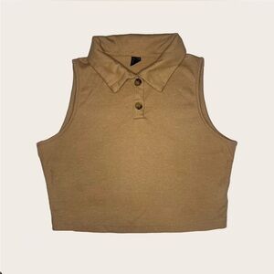 SHEIN Collared Button Up Ribbed Tank Top in Beige